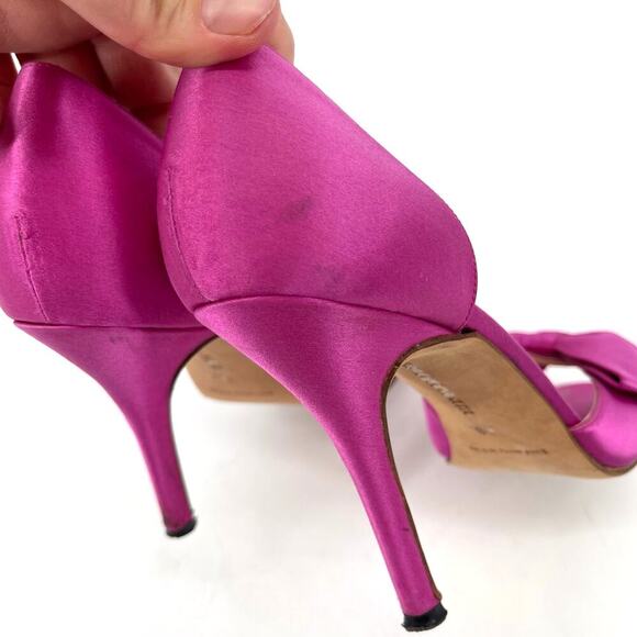 Manolo Blahnik Fuchsia Pink Silk Satin Bow Detail Peep Toe D'Orsay Pump IT 38 - Picture 12 of 14